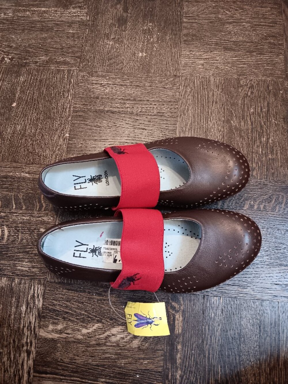 Vintage Y2K Fly London Mary Janes, new with tags, 37, brown leather, red strap